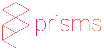 Geometric outline of two stacked prisms next to the word "prisms" in a pink-to-orange gradient font on a light background.