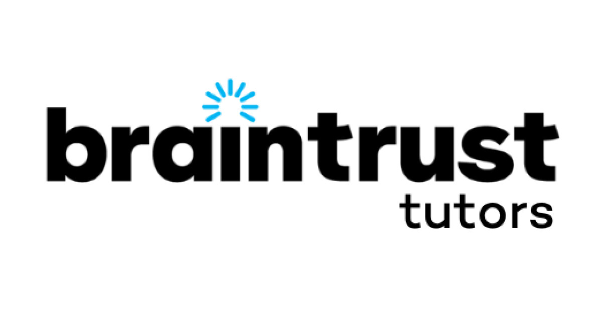 Braintrust tutors logo with the word "braintrust" in bold black letters and blue radiating lines above the "i"; the word "tutors" in lowercase to the right.