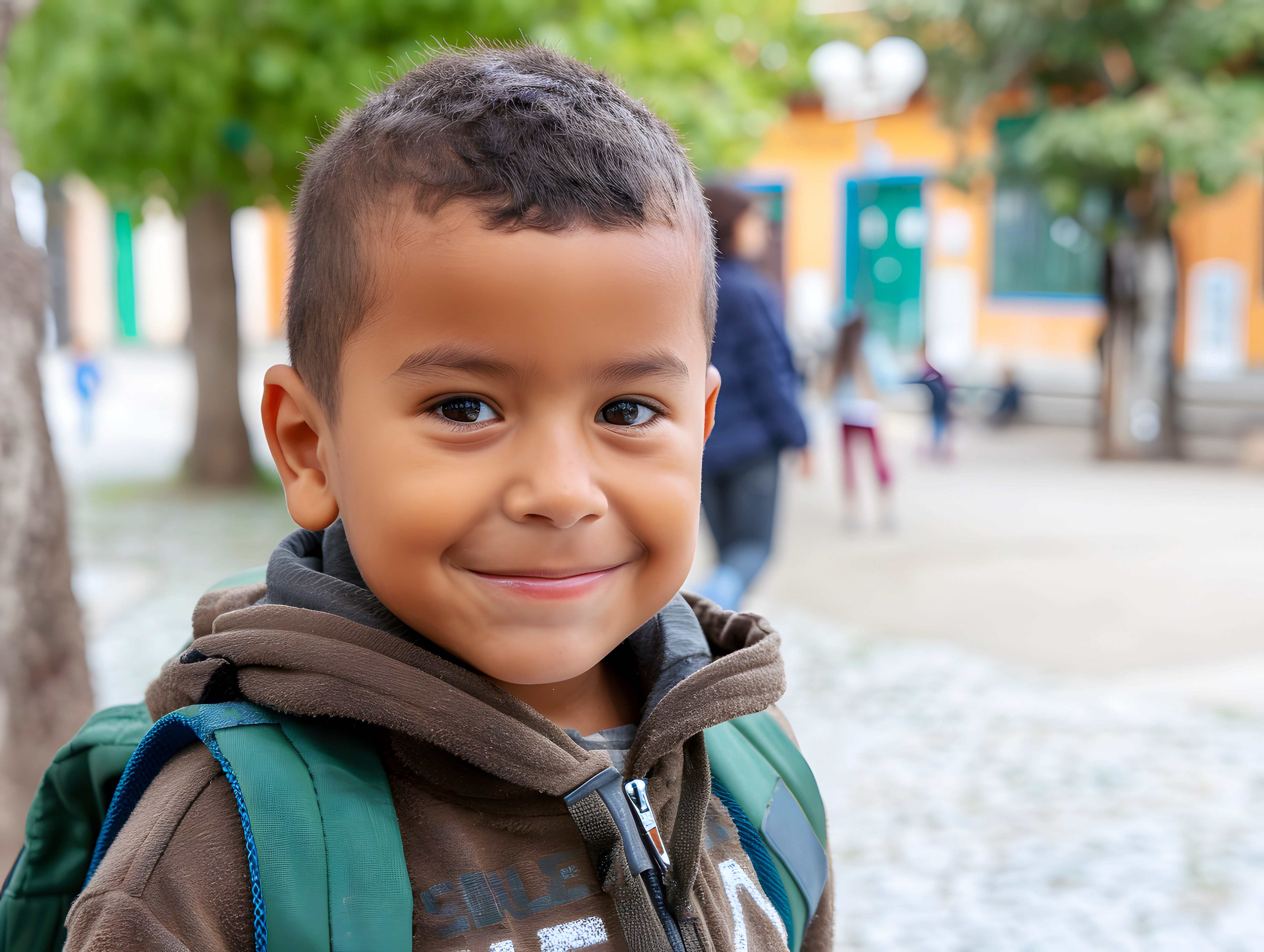 A young boy wearing a brown hoodie and a green backpack smiles outdoors with blurred people and buildings in the background.